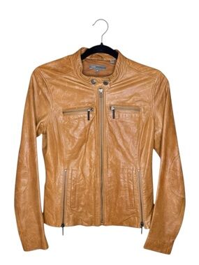 Vince 𖦹 Distressed Leather Multi Zip Slim Fit Biker Jacket 𖦹 Cognac 𖦹 XS